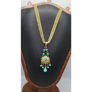 1928 Necklace Turquoise Bead Dangle Pendant Ribbon Chain